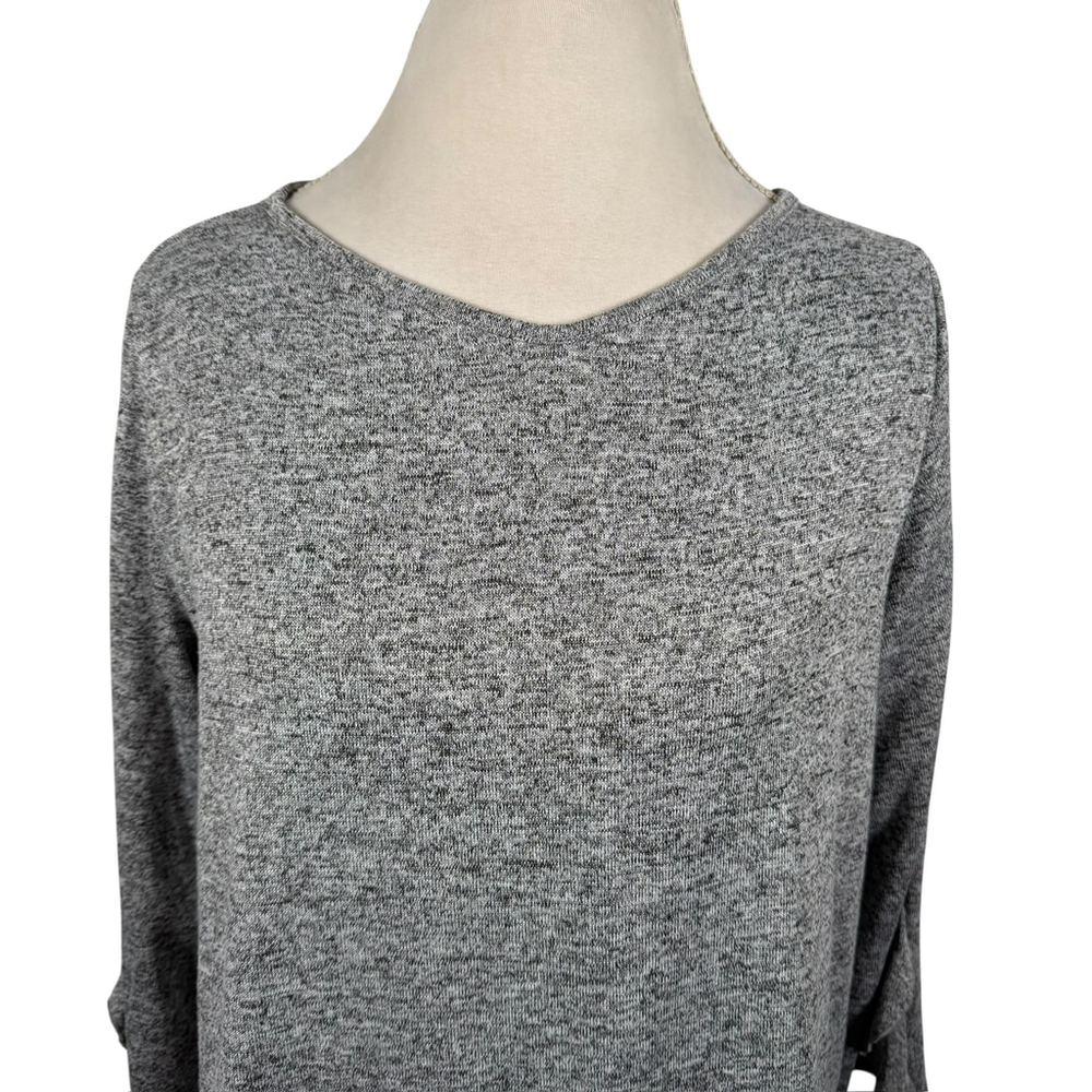 Clara Sun Woo Gray Marled Knit Sweater V-Neck Tunic Top Ruffle 3/4 Slv Size M - Picture 4 of 8